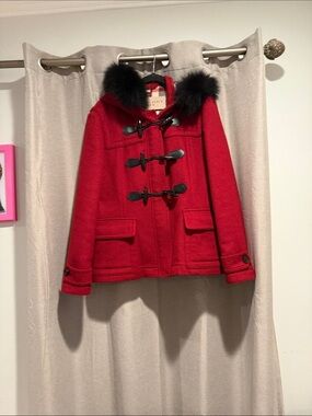 Burberry Red Wool Toggle Jacket with Black Fur Hood